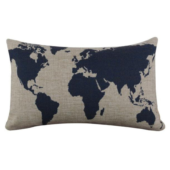 Burlap Linen Dark Blue World Map Decorative Cushion Cover Pillow Case - Globe Traveler Store